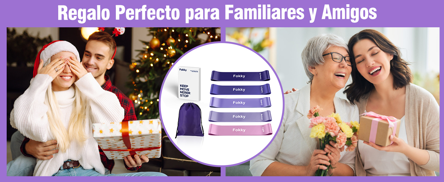 una mujer que sostiene una caja de regalo con una cinta morada y una mujer que sostiene una caja de regalo con un árbol de Navidad de fondo.