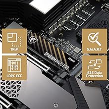 Placa base o componente de hardware de la computadora con iconos dorados que muestran las especificaciones y características técnicas.