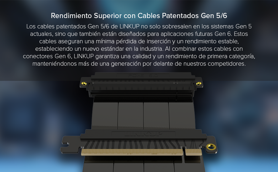 de un componente de ordenador o placa de circuito con texto en español sobre los cables patentados de la generación 5/6 y el rendimiento