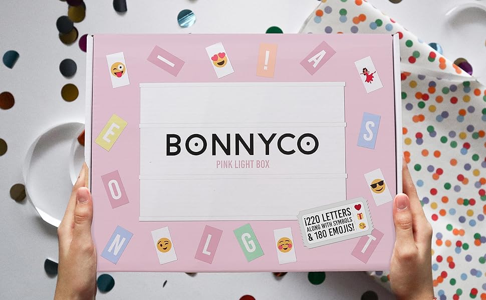 Caja de luz rosa con 300 letras y 90 emojis ideal para regalar