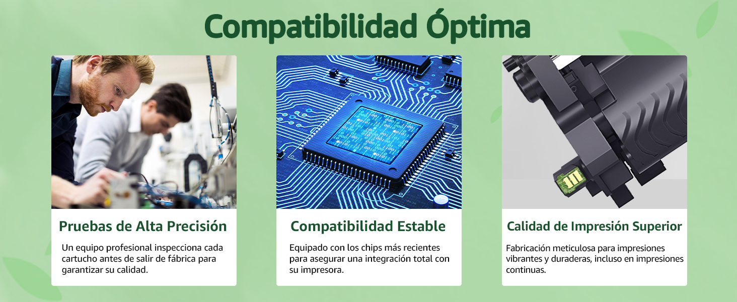 Imagen compuesta que muestra la compatibilidad de los cartuchos de impresora. Tres paneles: técnicos que examinan el equipo, un chip de ordenador y un primer plano de la ranura de un cartucho de impresora con el texto «