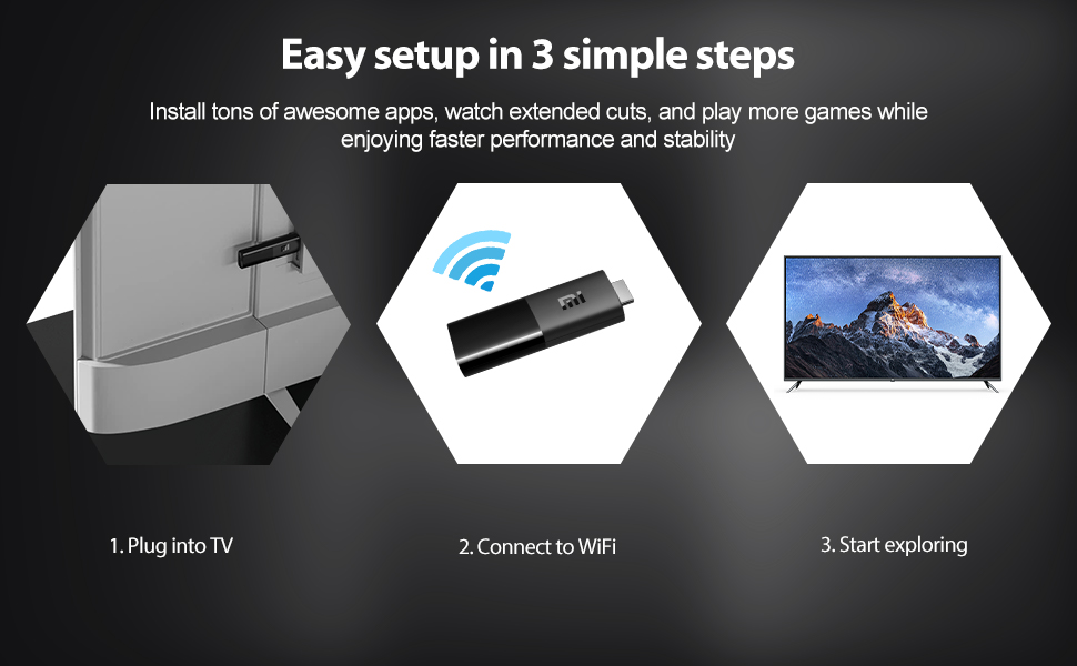 Diagrama de instrucciones de configuración con tres iconos hexagonales que muestran los pasos de conexión al televisor: conectar el televisor, conectar WiFi e iniciar la exploración.