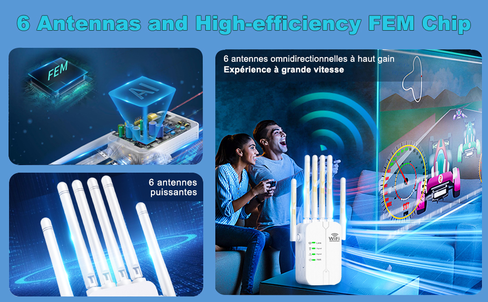 El repetidor WiFi con 6 antenas tiene una fuerte señal antiinterferencia.