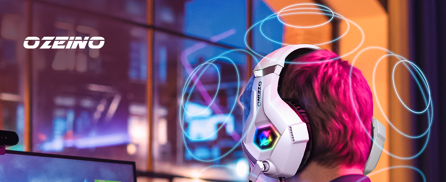 blancos con auriculares y micrófono iluminados. Marca «OZEINO» visible. Los gráficos circulares resaltan varias partes
