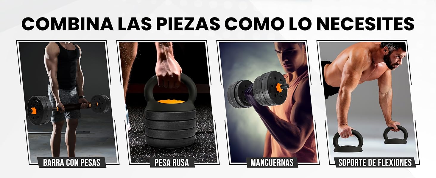 Juego de Mancuernas Ajustables 4 en 1 con Barra Recta de Conexión, Discos