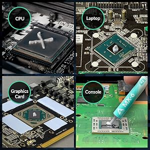 Imagen técnica de cuatro paneles que muestra los componentes de la computadora: CPU, placa base de computadora portátil, tarjeta gráfica y placa de circuito de consola con aplicación de pasta térmica