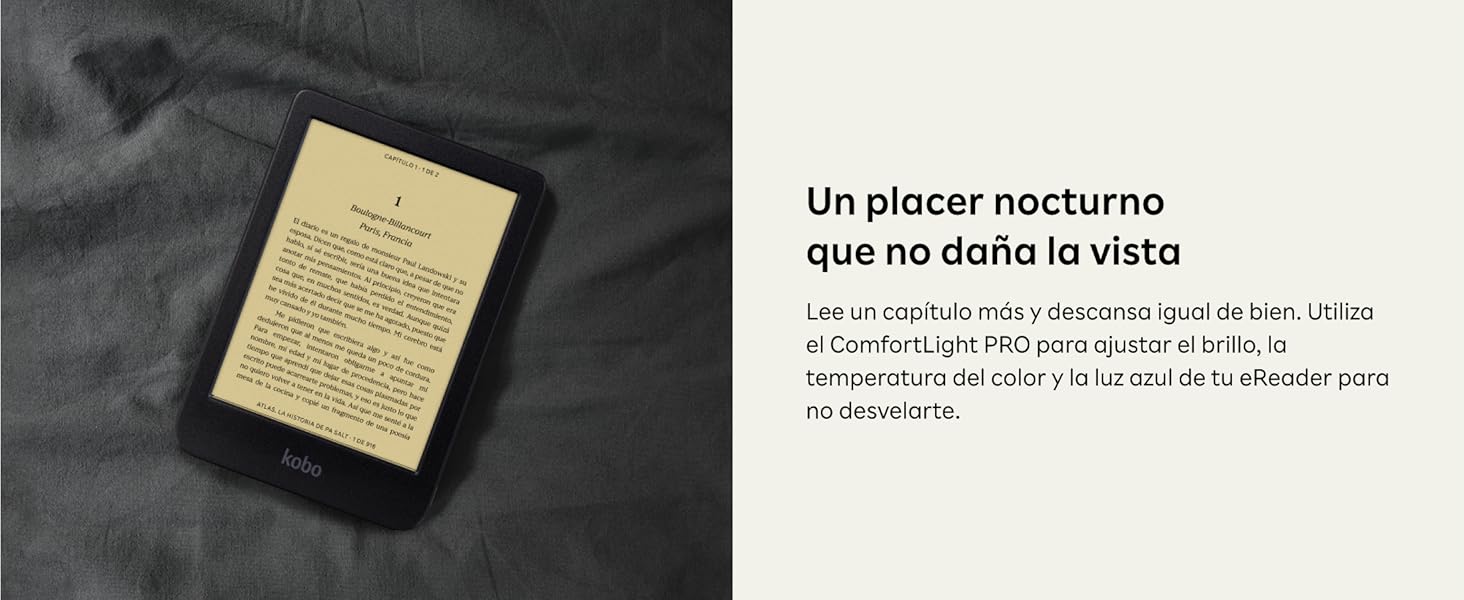 Lector electrónico o tableta que muestra texto sobre fondo oscuro con superposición de texto en español