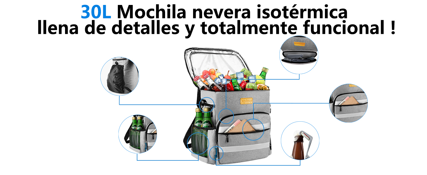 30L Mochila nevera isotérmica llena de detalles y totalmente funcional