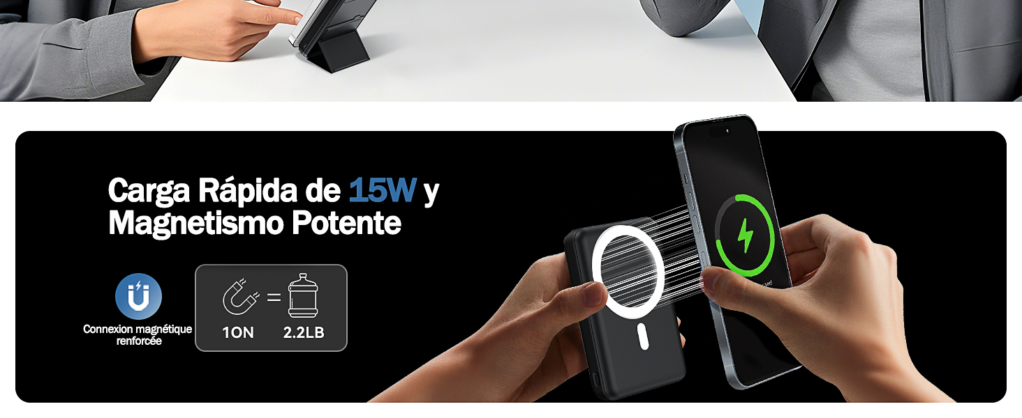 Interfaz de pantalla digital que muestra los ajustes de potencia magnética con indicadores de control circulares y el texto «Carga Rápida de 1200 W» visible.