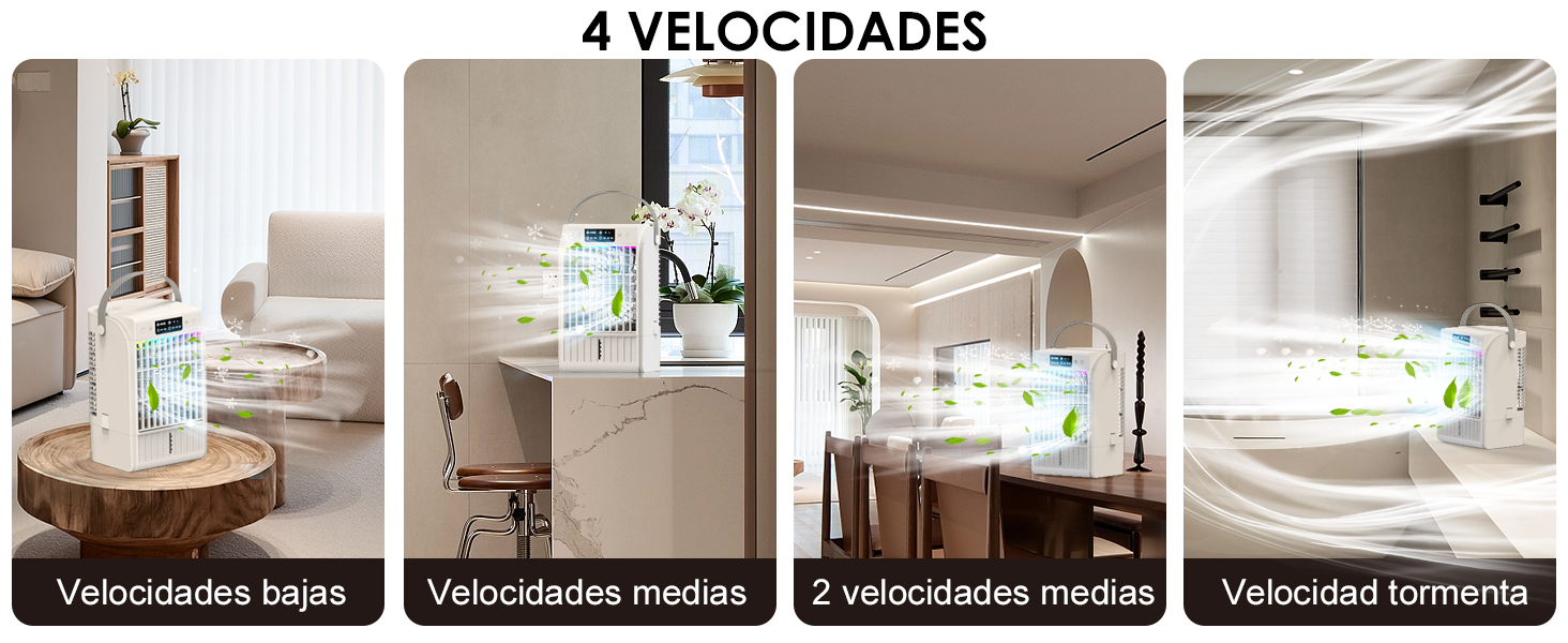 Imagen de cuatro paneles que muestra las velocidades de los ventiladores etiquetadas como «4 VELOCIDADES» con diferentes patrones de flujo de aire mostrados en la configuración de la habitación.