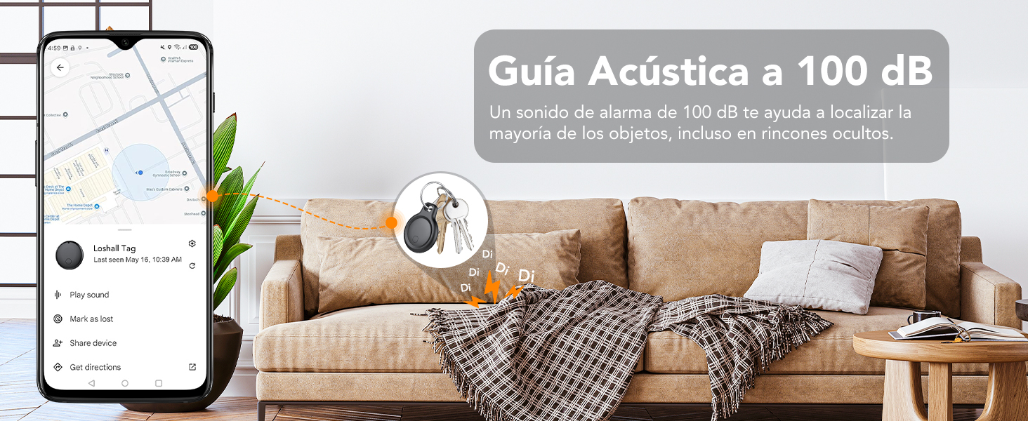 El texto dice «Guía Acústica + 100 dB». Diagrama que muestra la configuración de la medición del sonido con un dispositivo móvil e indicadores de medición.