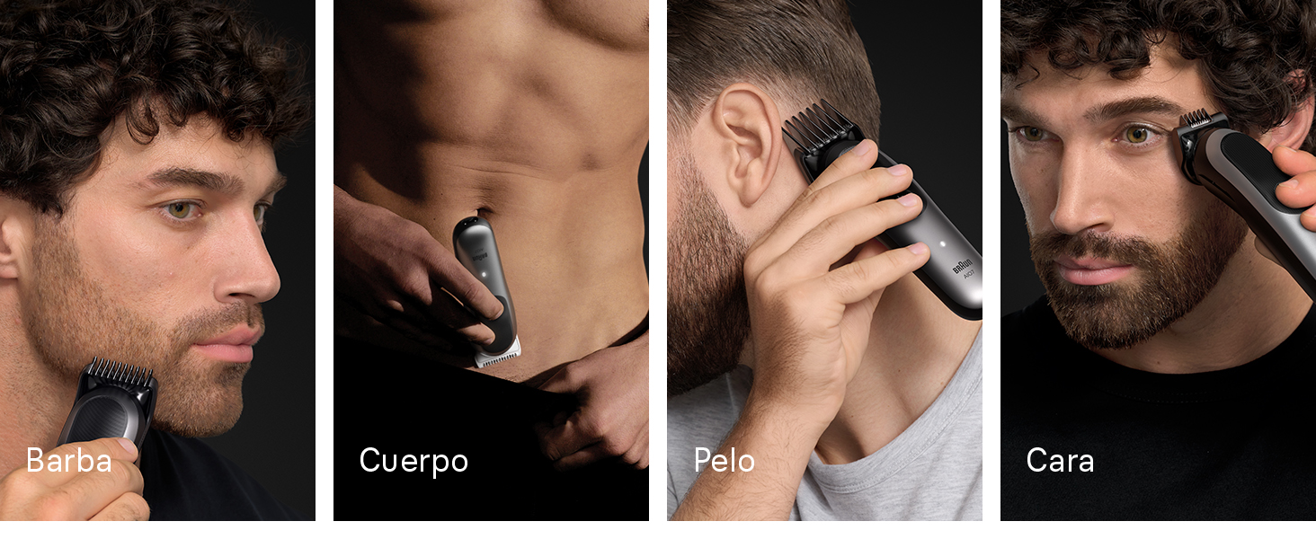 Diferentes formas de usar los accesorios de Braun Series 7 en barba, cuerpo, pelo y cara.