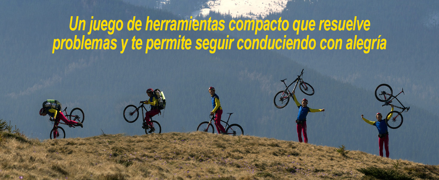 Siluetas de ciclistas realizando trucos en la cima de una colina al atardecer. El texto en español describe un conjunto compacto de herramientas para resolver problemas