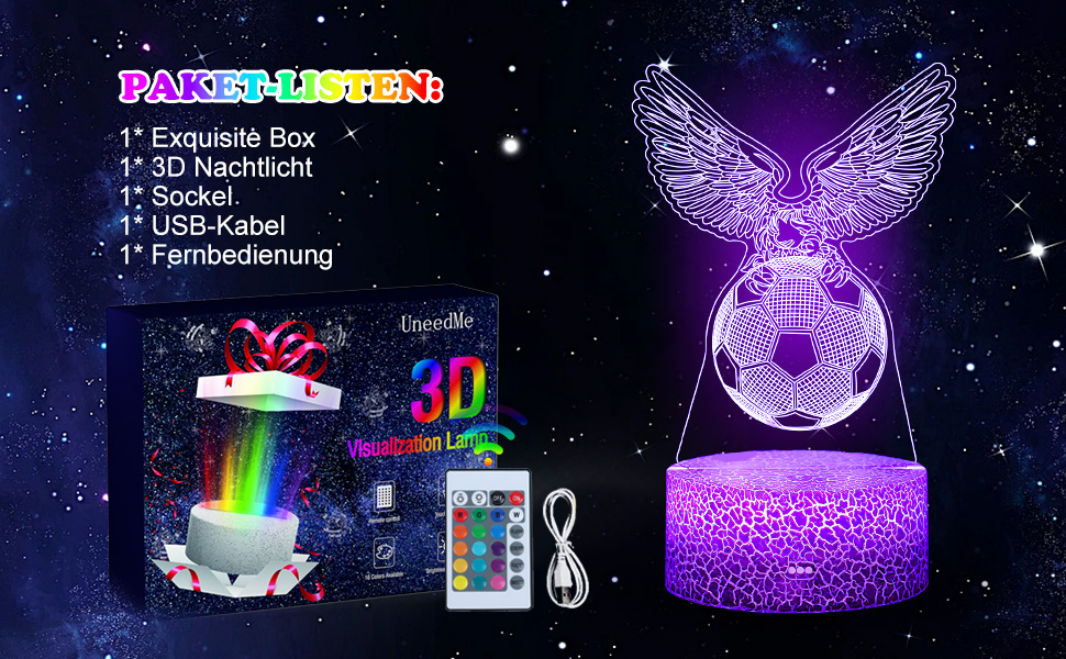 16 colores, ilusión 3D, lámpara de ilusión 3D, noche de ilusión 3D, botón táctil, cambio remoto