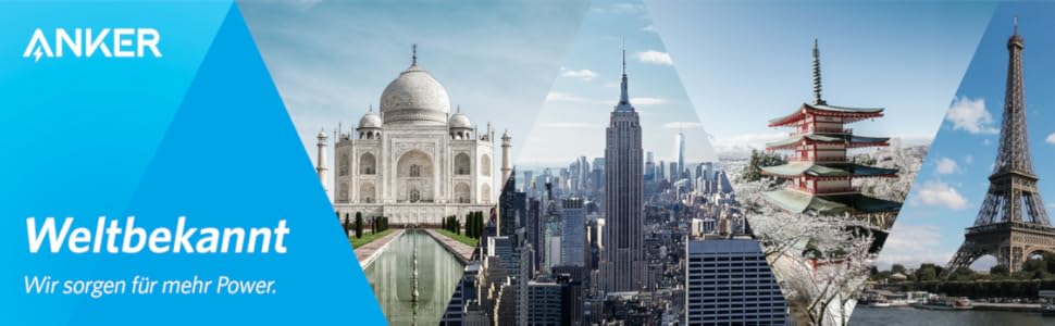 Banner promocional de la marca «Anker» que muestra monumentos mundiales famosos, como el Taj Mahal y la Ópera de Sídney, sobre un fondo azul.