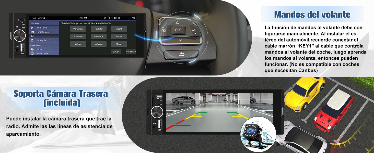 para automóvil con una gran pantalla táctil que muestra la interfaz multimedia. Incluye controles en el volante y soporte de cámara trasera para ayudar a estacionar.