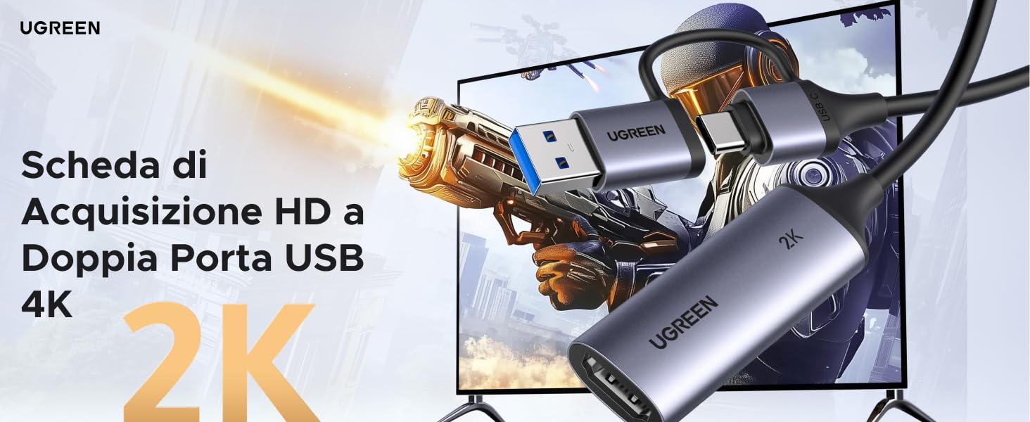 UGREEN para vídeo 4K. Dispositivo plateado con puertos USB-A y USB-C. La pantalla del televisor muestra el personaje del juego. Texto: «Tarjeta de adquisición HD con doble puerto USB 4K»