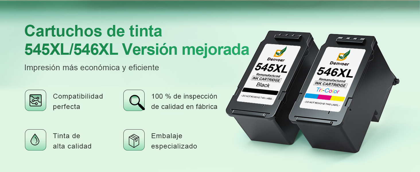El texto dice «Cartuchos de tinta 545XL/546XL Versión mejorada». El anuncio muestra dos cartuchos de tinta de impresora, uno negro y otro a color, con cuatro iconos de especificaciones a continuación que muestran las características de compatibilidad.