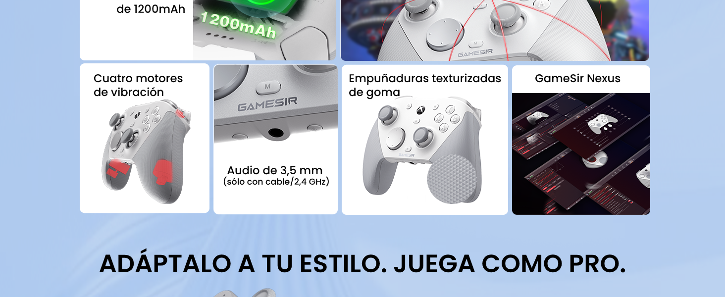 El texto dice «ADAPTALO A TU ESTILO. JUEGA COMO PROFESIONAL. Los componentes del mando de juego o los accesorios se muestran en varias vistas y configuraciones.