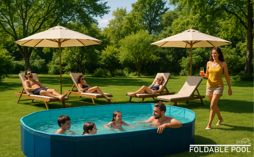 Gran piscina circular sobre el suelo en azul turquesa, colocada sobre césped con tumbonas y sombrillas de color beige que la rodean.