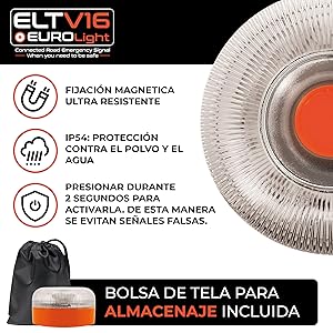 El texto dice «ELTV16», «FIJACIÓN MAGNÉTICA ULTRA RESISTENTE», «DOBLE PROTECCIÓN CONTRA EL POLVO Y EL AGUA», «PRESIONAR DURANTE 5 SEGUNDOS PARA PROGRAMARLO DE MANERA SE EVITAN SEÑALES FALSAS». 'BOLSA DE TELA PARA ALMACENAMIENTO INCLUIDO'