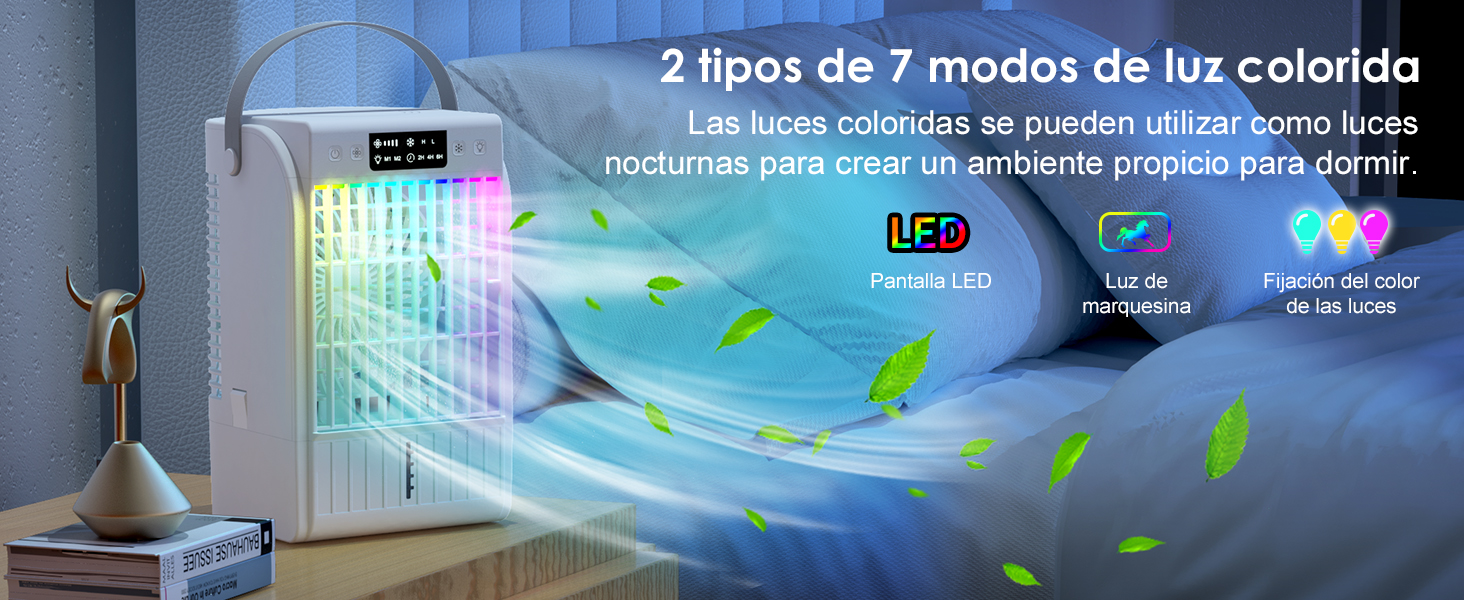 Diagrama del producto que muestra coloridos efectos de proyección de luz con gráficos de flechas curvas azules y texto en español sobre los modos de iluminación.