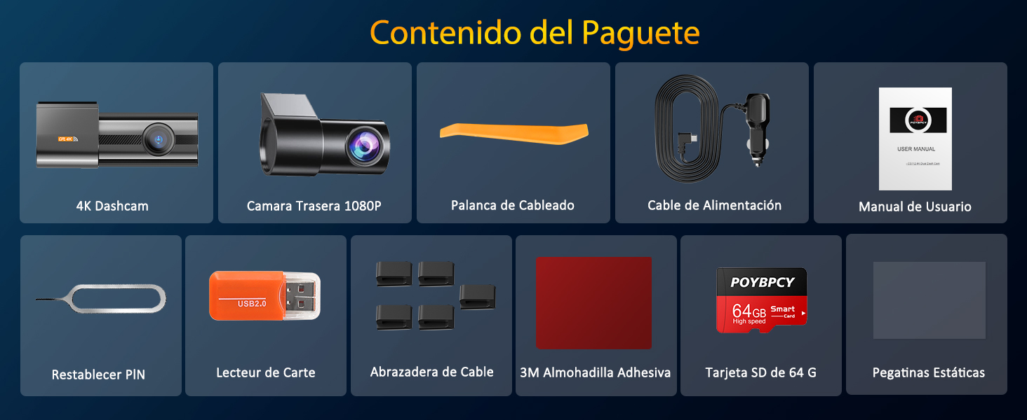 Pantalla del contenido del paquete del producto para un sistema de cámara de salpicadero, que muestra la unidad de cámara, los cables, los soportes, la tarjeta de memoria y los accesorios sobre un fondo azul oscuro con etiquetas de texto en español