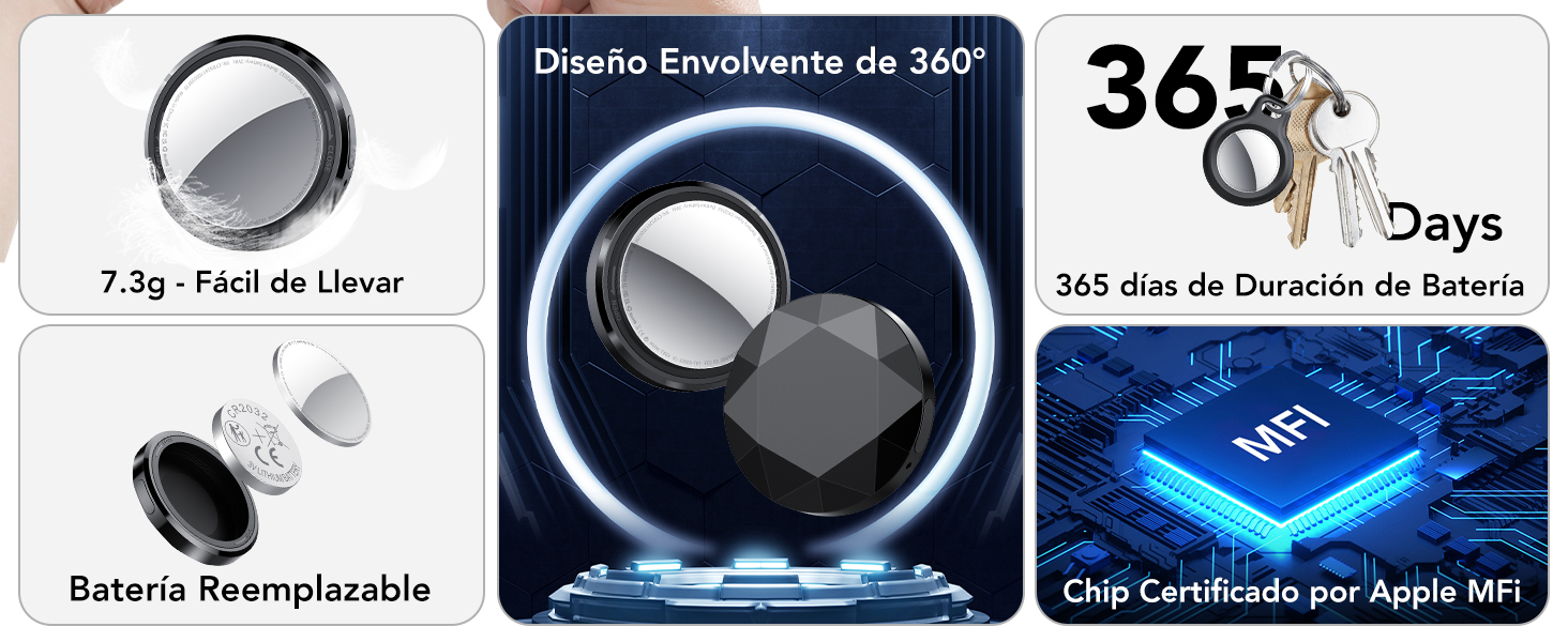 El texto dice «365 días». La imagen del producto que muestra un dispositivo circular con iluminación azul y las especificaciones técnicas en español parece ser material de marketing sobre dispositivos electrónicos.