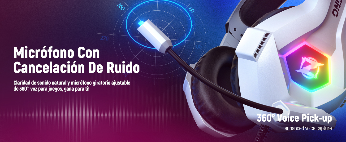 con micrófono con cancelación de ruido e iluminación RGB. El texto en español indica «Micrófono con cancelación de ruido».