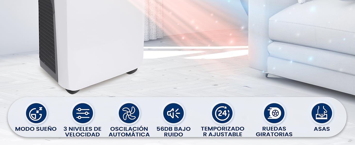 Aire acondicionado portátil, con mando a distancia, 9.000 BTU, móvil, con calefacción, silencioso