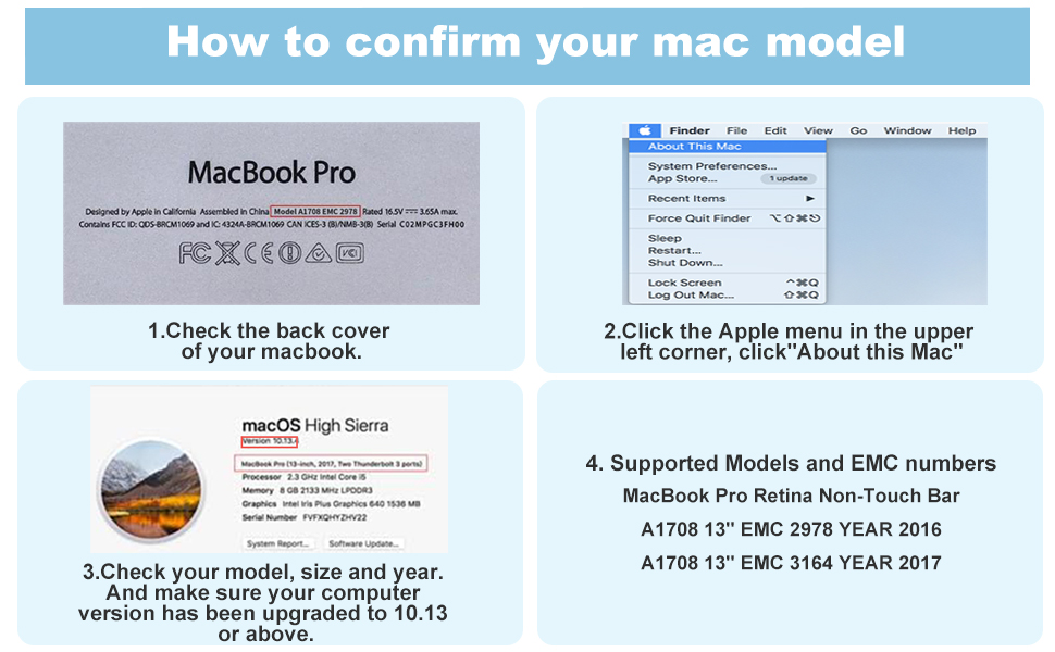 compatible con MacBook Pro A1708 Retina 13" 2016 EMC 2978，2017 EMC 3164.