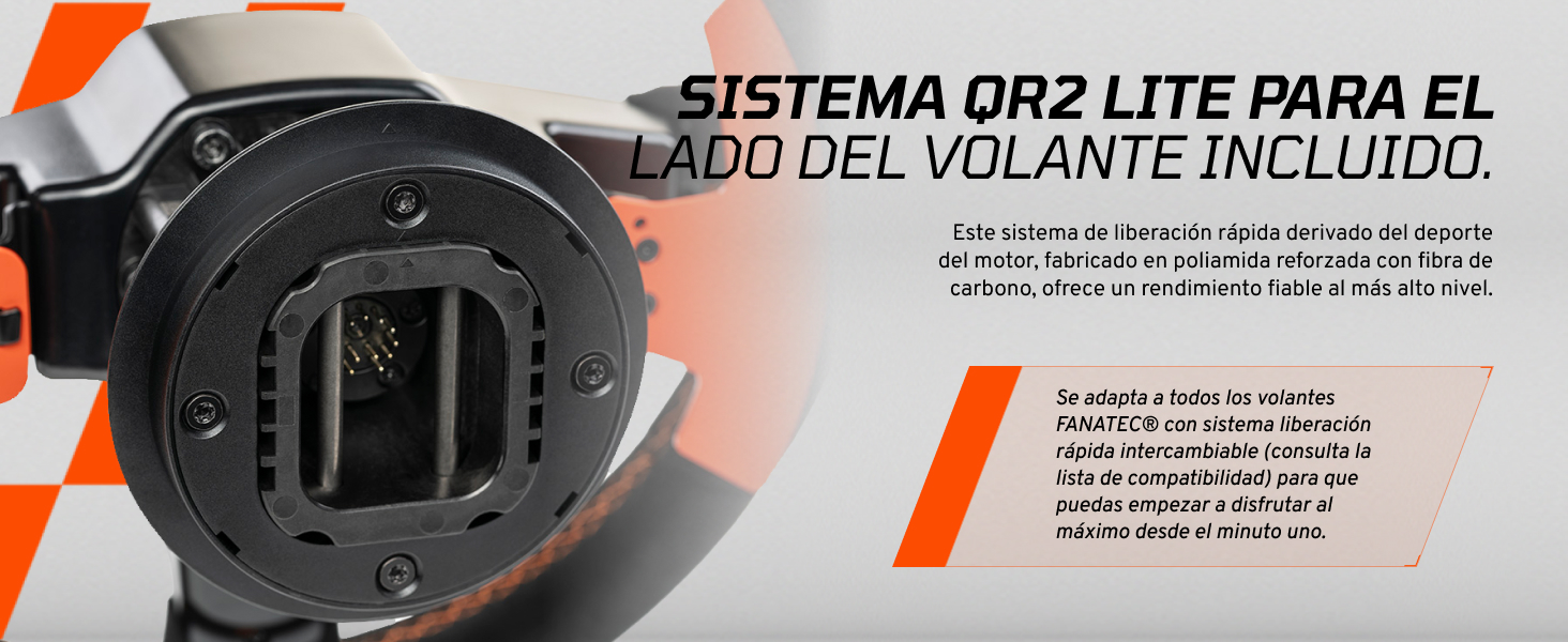 Primer plano de un soporte circular negro para volante o sistema adaptador para juegos con detalles en naranja y texto en español.