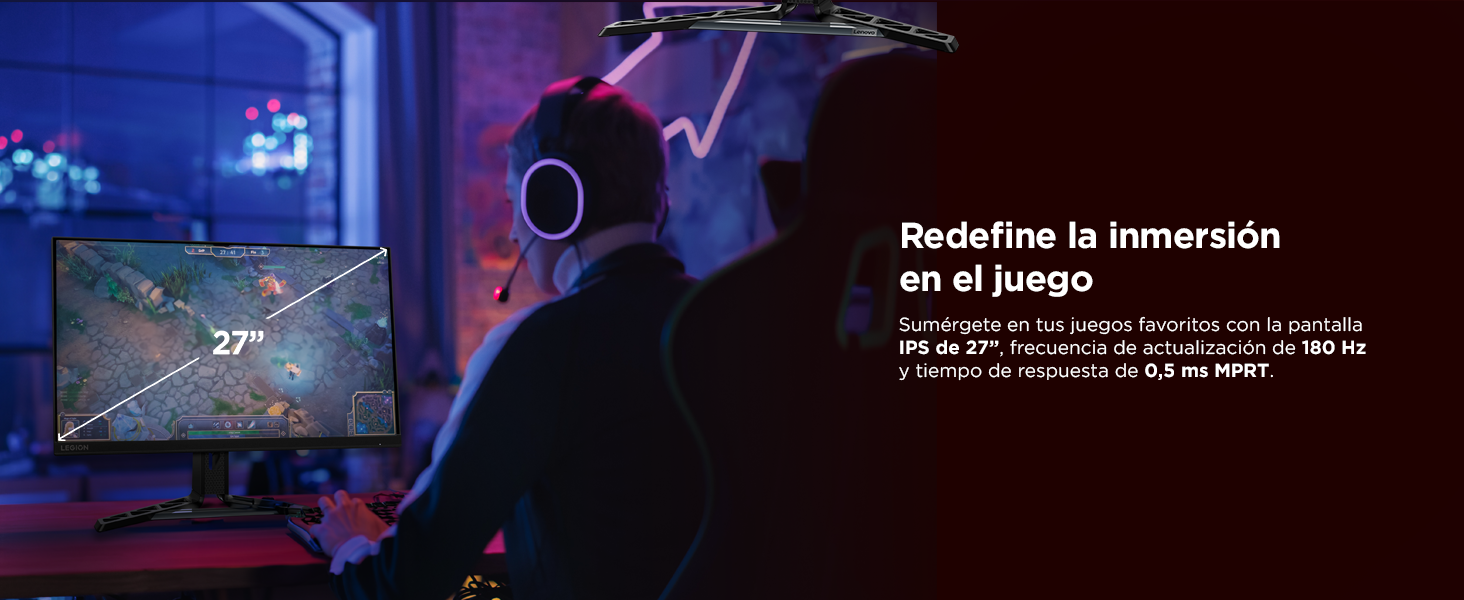 Lenovo Legion R27qe imagen frontal monitor con medidas y jugador frente
