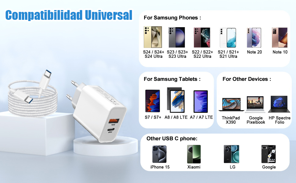 Cargador USB C 45W & USB A 18W con Cable USB C a USB C