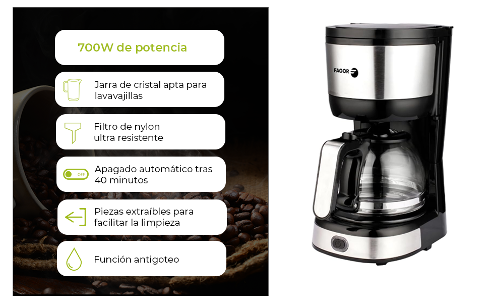 Fagor Wakeup Must – Cafetera de Goteo 0,6L, Jarra de Cristal, Apagado Automático y Diseño Elegante