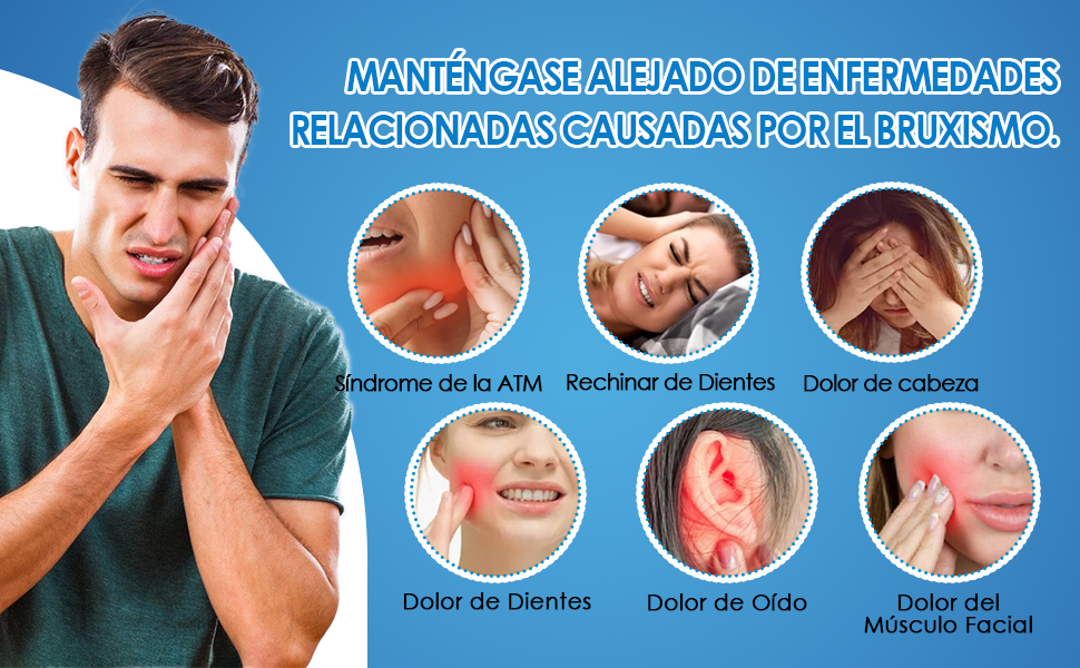 El texto dice «MANTÉNGASE ALEJADO DE ENFERMEDADES RELACIONADAS CADA DÍA POR EL BRUXISMO». Infografía médica que muestra imágenes circulares de varios puntos de dolor: síntomas de dolor en la mandíbula, los dientes, los oídos y los músculos.