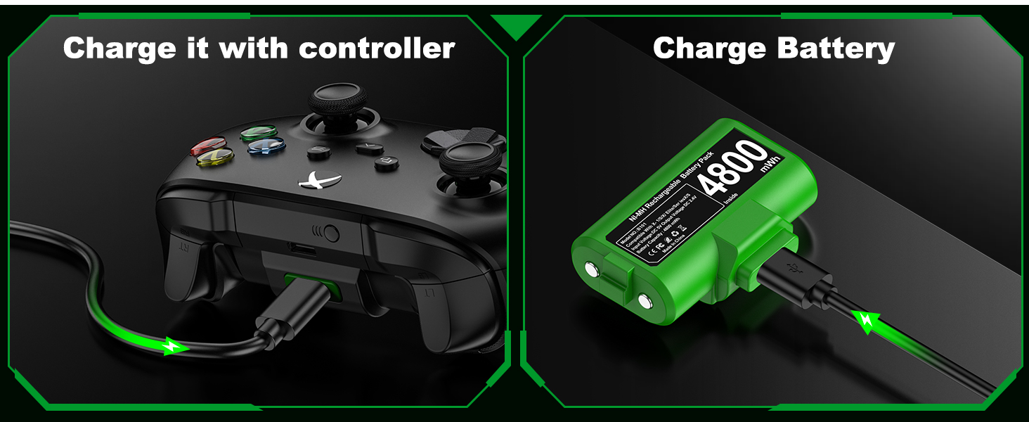 Imagen dividida que muestra la configuración de carga del mando Xbox con un indicador LED verde y una batería recargable compatible.