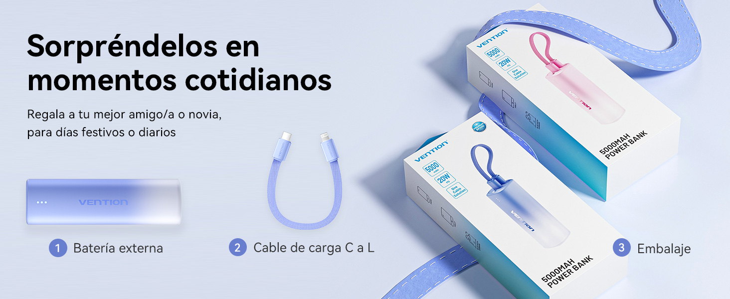 Mini Power Bank 5000mAh con USB C & Cable Lightning PD 20W Color Powerbank Pequeña Carga Rápida