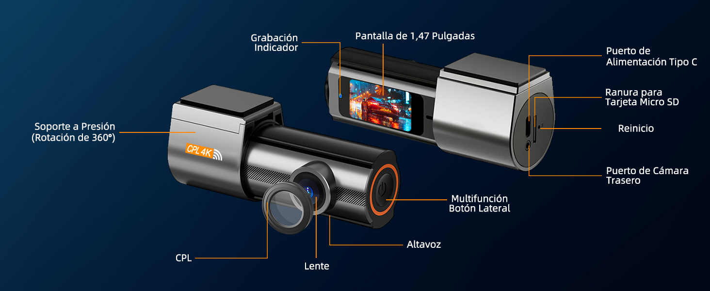 Diagrama de un dispositivo cilíndrico con componentes etiquetados que incluyen lentes, CPU, batería y varios sensores. Parece ser una cámara digital compacta o un dispositivo de monitoreo.
