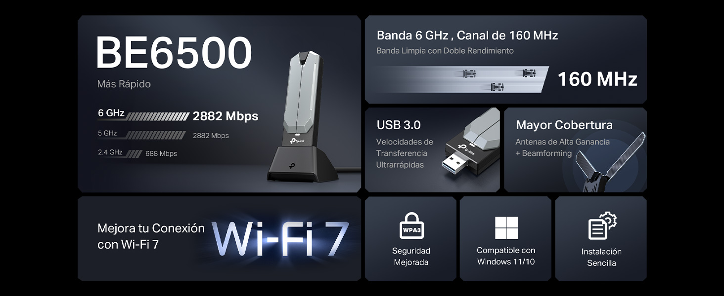 Archer TBE400UH - Adaptador USB Inalámbrico Wi-Fi 7 BE6500 de Alta Ganancia