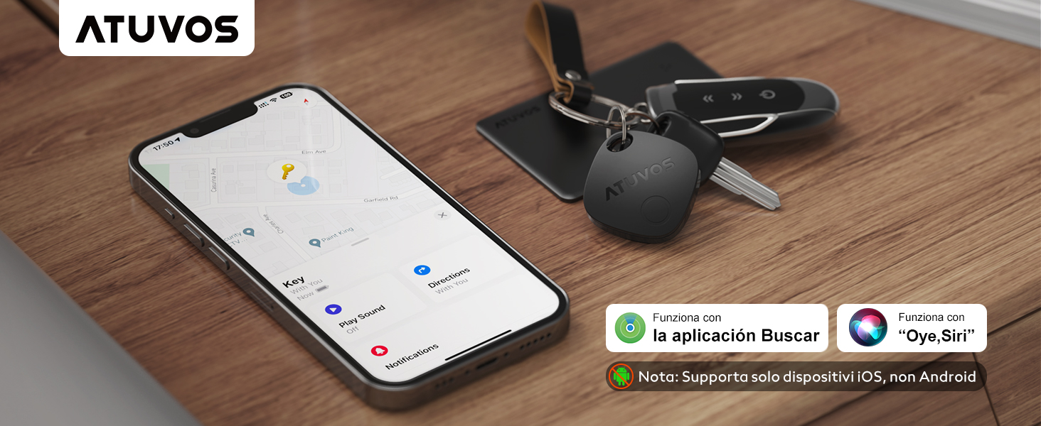 Smartphone que muestra la aplicación de mapas junto a un dispositivo esférico negro y teclas sobre una superficie de madera. Logotipo de Atuvos visible.