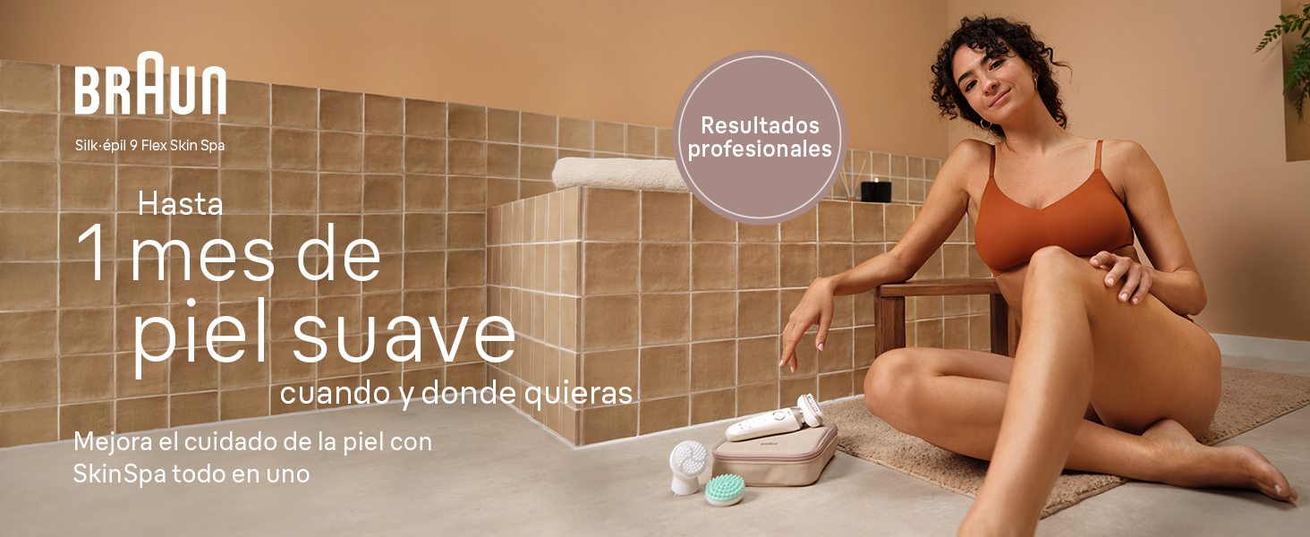 Una mujer usa Braun Silk•épil 9 Flex Skin Spa en la rodilla para disfrutar de un mes de piel suave.