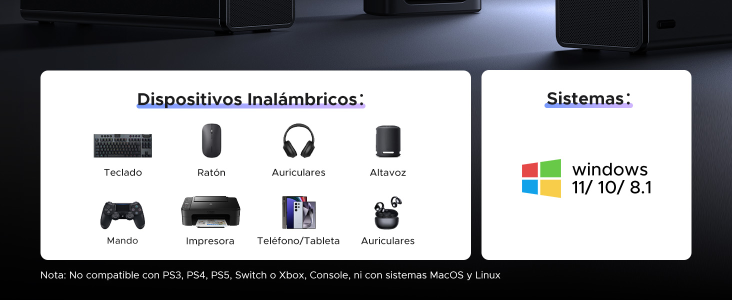 Iconos de compatibilidad que muestran los dispositivos de juego y el logotipo de «Windows 10/11». Siluetas negras de controladores, auriculares y accesorios de juego.
