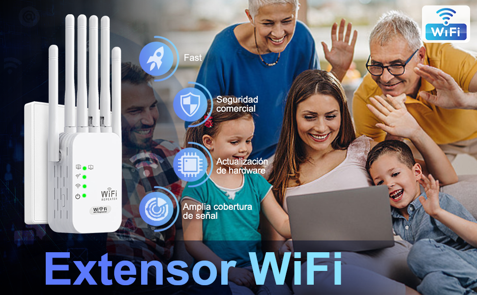 El texto dice «Extensor WiFi». Imagen de marketing que muestra a personas que utilizan dispositivos con indicadores de señal WiFi y varios amplificadores WiFi blancos.