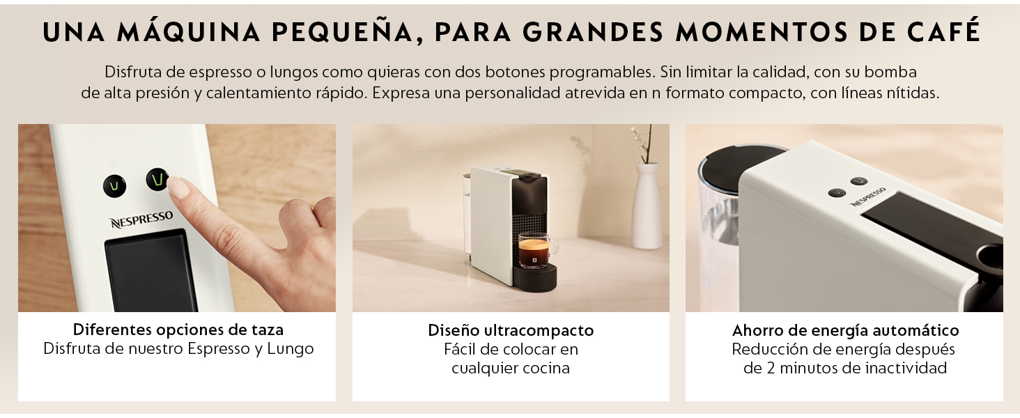 Imagen de tres paneles que muestra una máquina de café compacta con características de diseño de panda: vista frontal, vista de perfil y detalle de la boquilla. El texto en español indica que es para tomar un café.