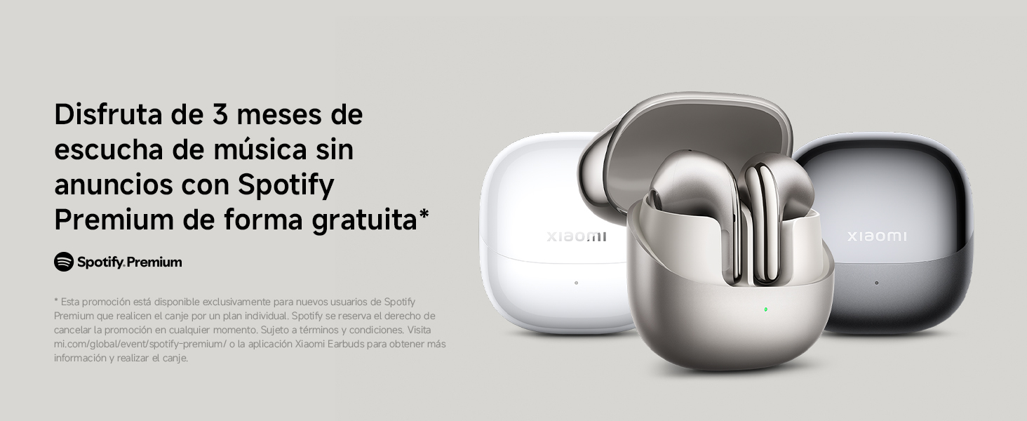 El texto dice «Imagen 5» y «Disfruta de 3 meses de escucha de música en streaming gratis en Premium ¡al tarifa gratuita!». La foto del producto muestra unos auriculares inalámbricos plateados en una funda de carga.