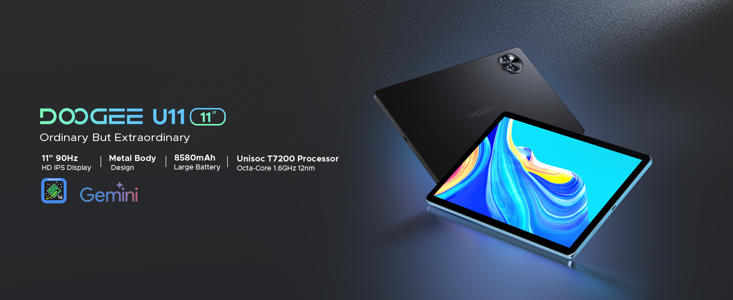 El texto dice «DOOGEE U11 Lite». Pantalla del producto que muestra lo que parece ser la interfaz de un dispositivo móvil sobre un fondo oscuro con iluminación de acento azul.
