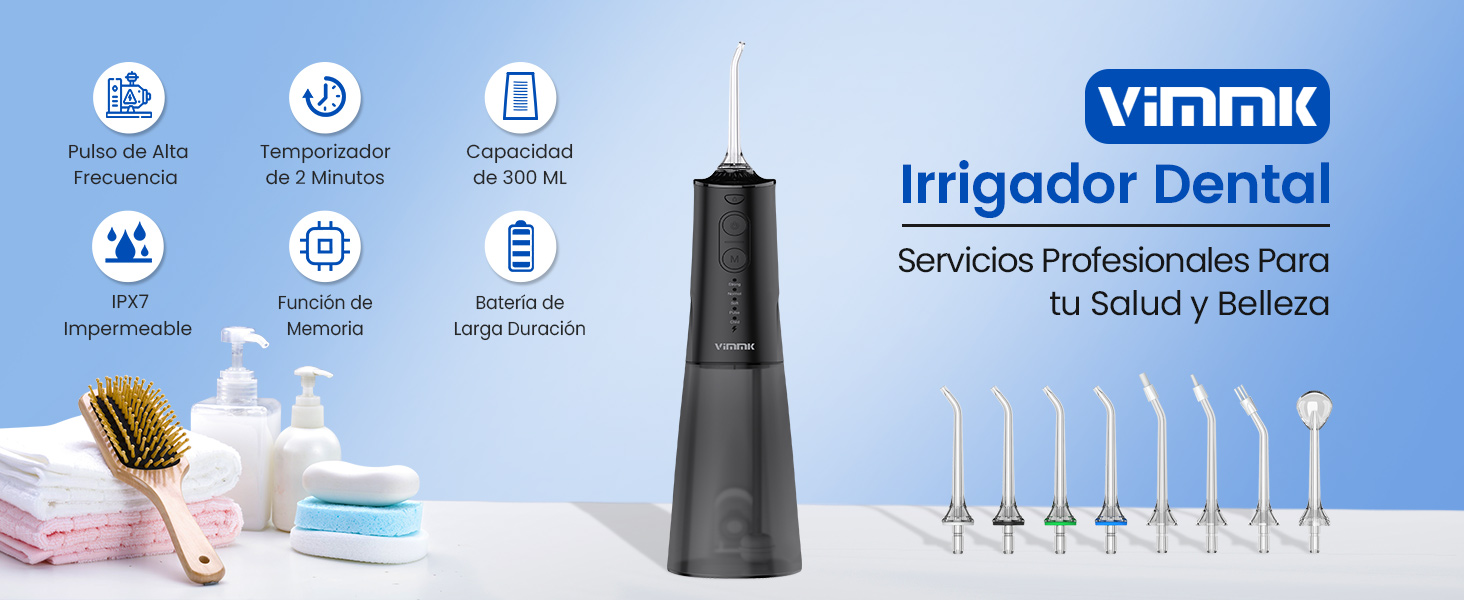 negro con múltiples accesorios de boquilla. Las características del producto incluyen rotación de 360 grados, control de temperatura y múltiples modos de rociado para el cuidado de la salud y la belleza bucal