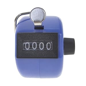azul con botón plateado en la parte superior. La pantalla muestra «0000» en dígitos negros sobre un fondo blanco