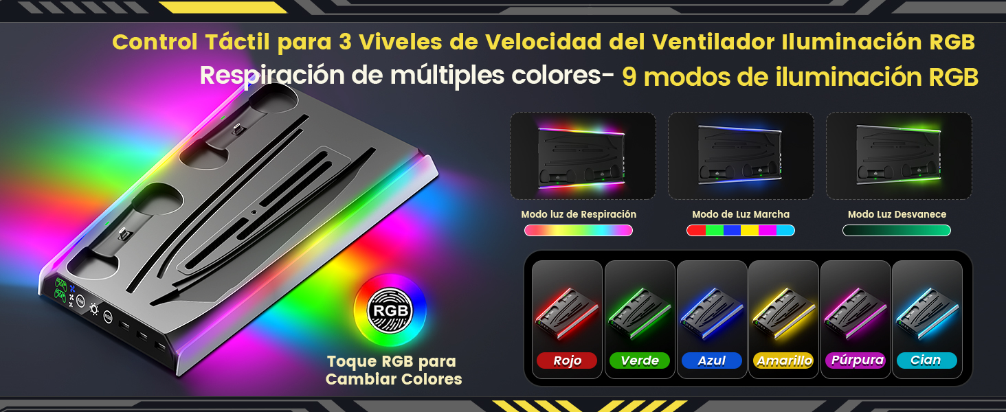 con 3 ajustes de velocidad y 9 modos de iluminación. El dispositivo cuenta con controles táctiles y múltiples opciones de color, que se muestran con vibrantes efectos de iluminación de arcoíris